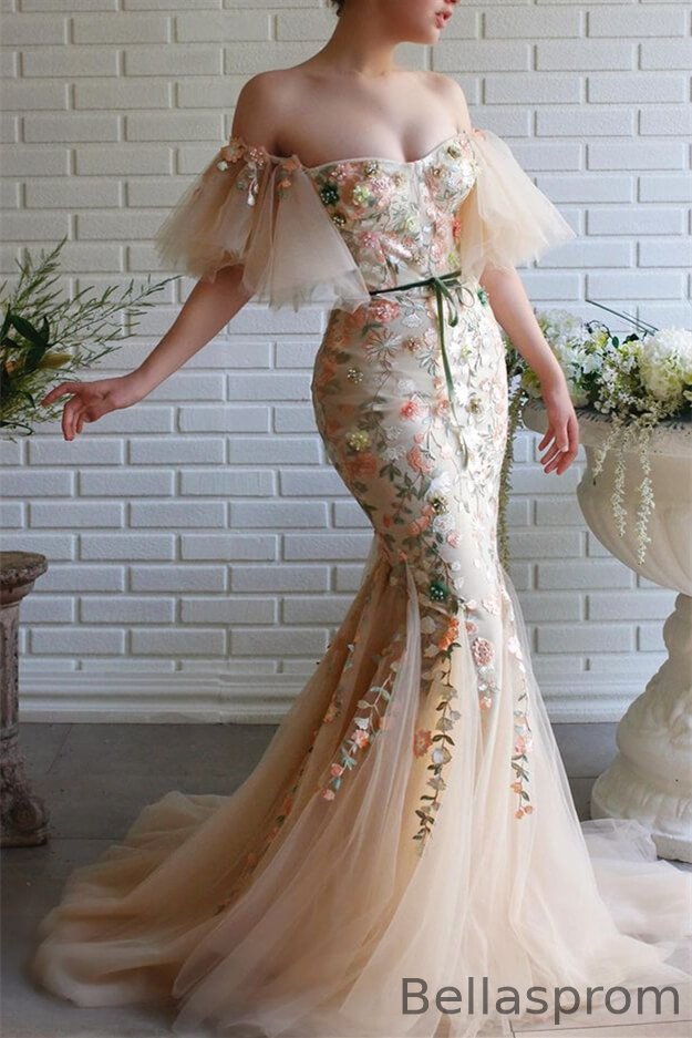 Bellasprom Off-the-Shoulder Tulle Evening Dress Mermaid Long With Flowers Bellasprom