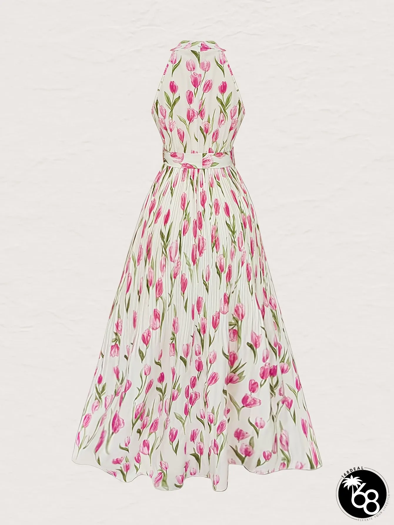 Elegant floral print halter neck maxi dress with belt sleeveless a-line flowy for women | 168DEAL