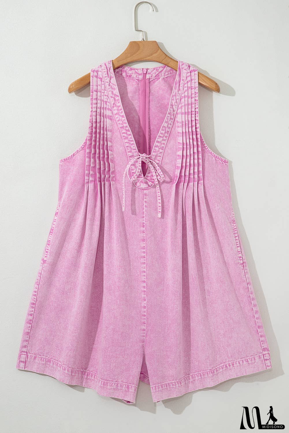 Mineral Wash Pleated Bust V Neck Denim Romper