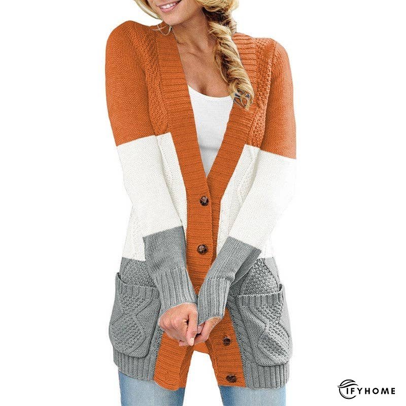 Contrasting Striped Open Front Twist Flower Mid-Length Sweater | IFYHOME