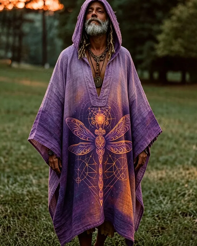 Men's Summer Fashion Hippie Star and Moon Embroidered Linen Hooded Kaftan 8768