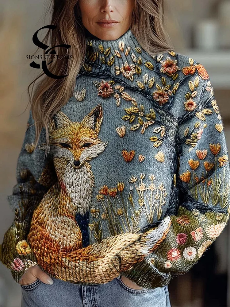 Women's Lovely Fox Art Print Knit Turtleneck Pullover Sweater
