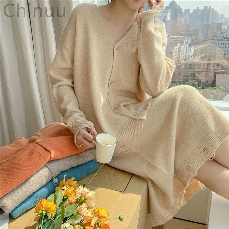 Vintage V-Neck Knitted Cardigan Set Skirt