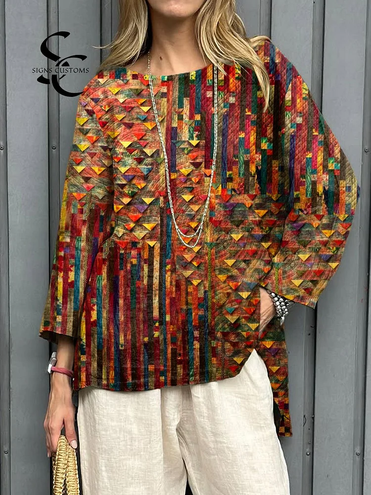 Women's Boho Vintage Art Print Casual  Cotton And Linen  Shirt