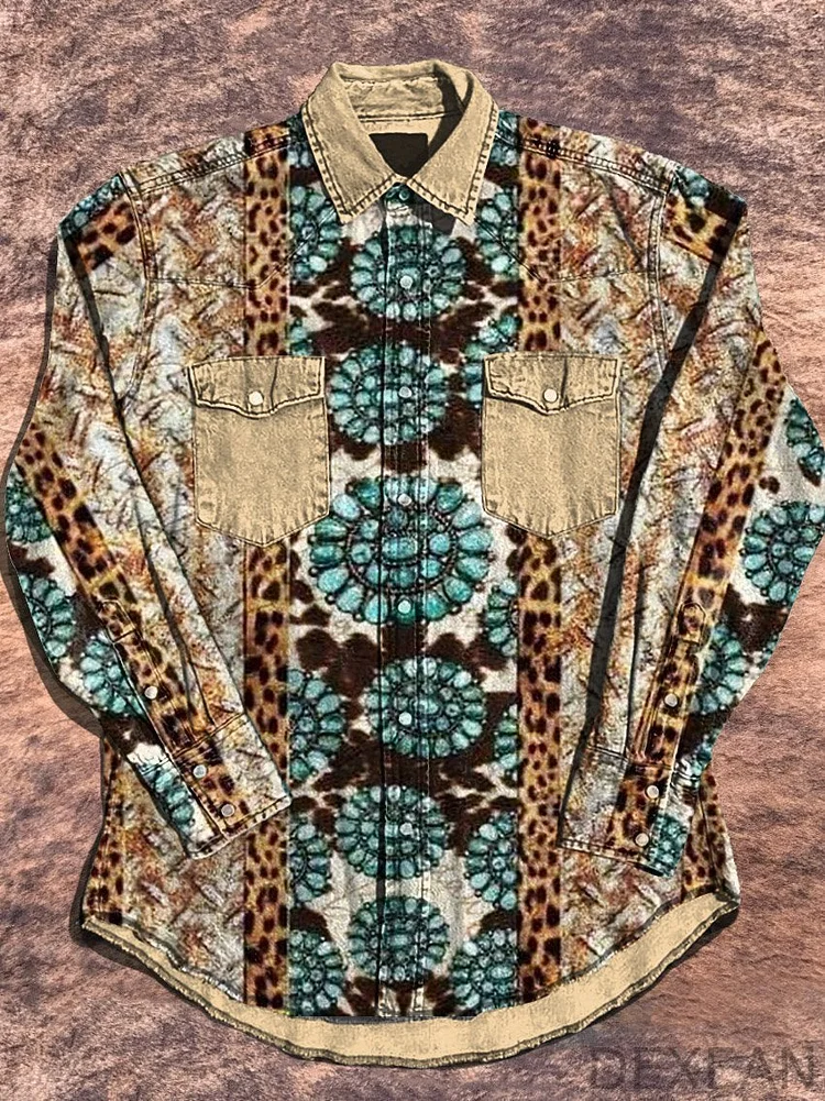 Vintage Western Leopard Art Pattern Print Casual Shirt