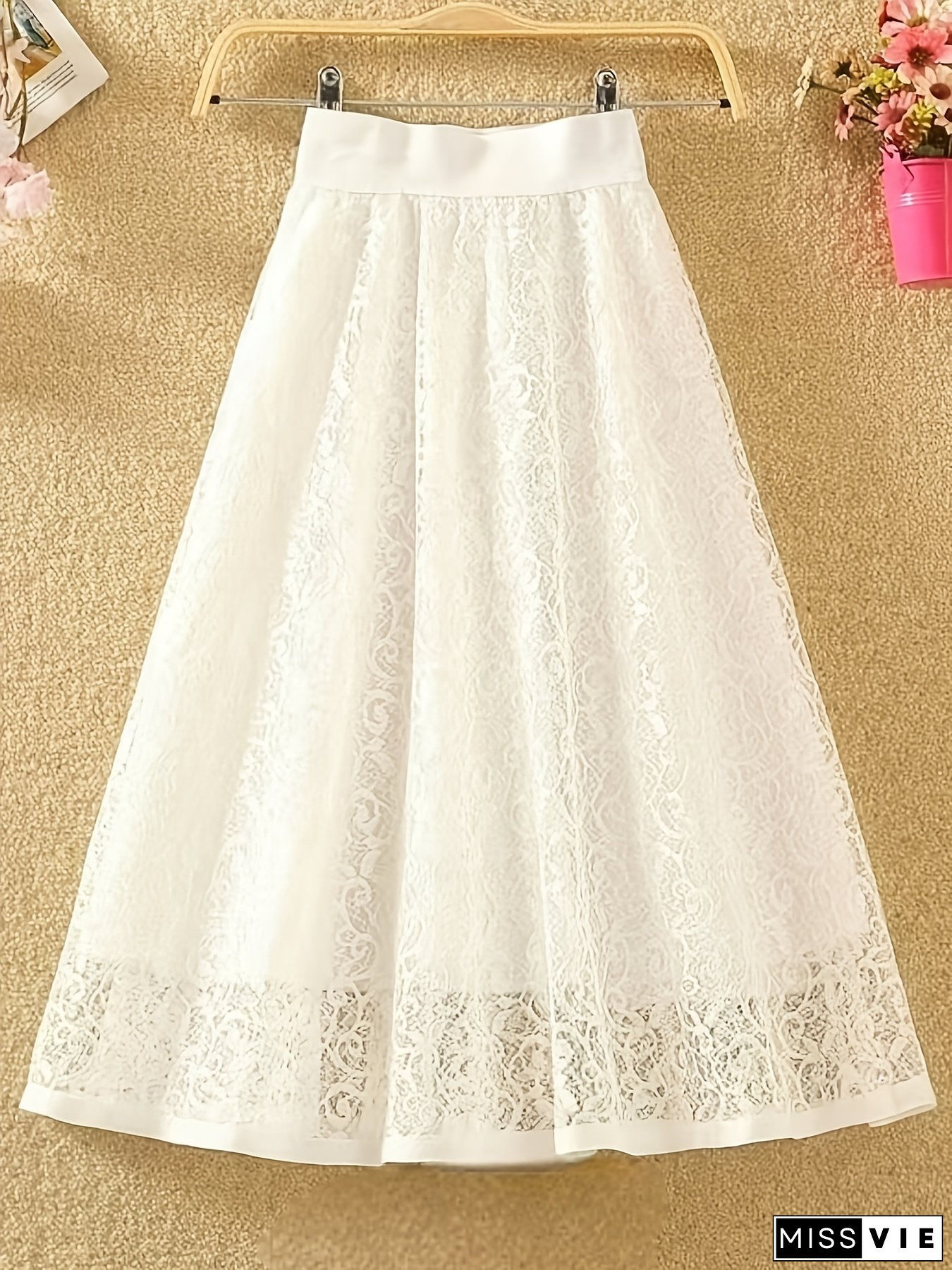 Women's Solid Color Emerald Green Lace Midi Skirt - High-Waisted A-Line Flared Skirt with Slimming Fit, Breathable Lace Detailing & Hand Washable Design for Spring Summer Fall Casual & Formal Wear, Autumn Fashion Skirt | Elegant Midi Skirt