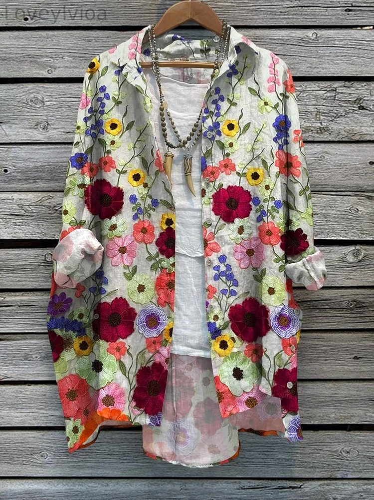 Women's  Flowers Print Casual Cotton And Linen Shirt