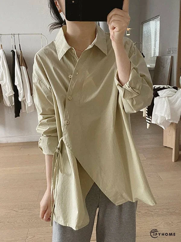Loose Long Sleeves Frenum Solid Color Lapel Blouses | IFYHOME