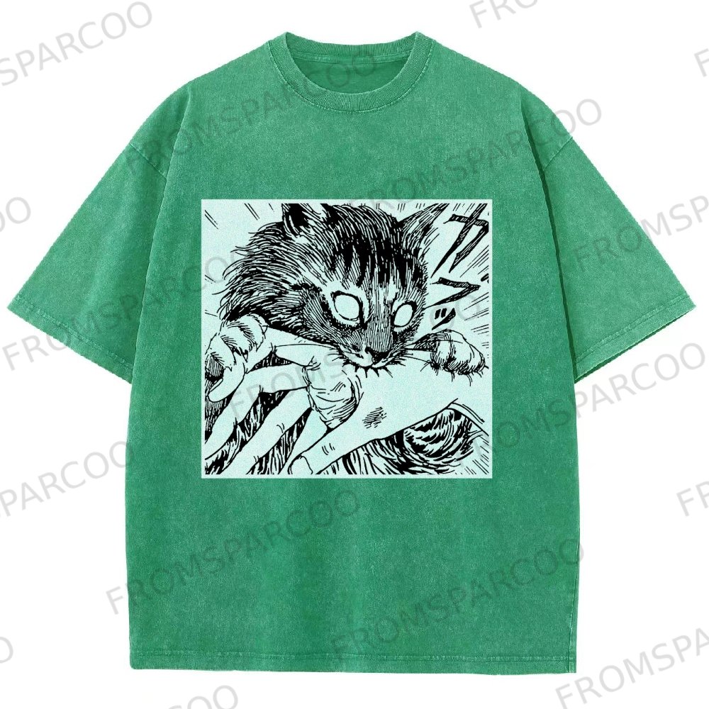 Biting Cat Washed Vintage Short Sleeves T-Shirt