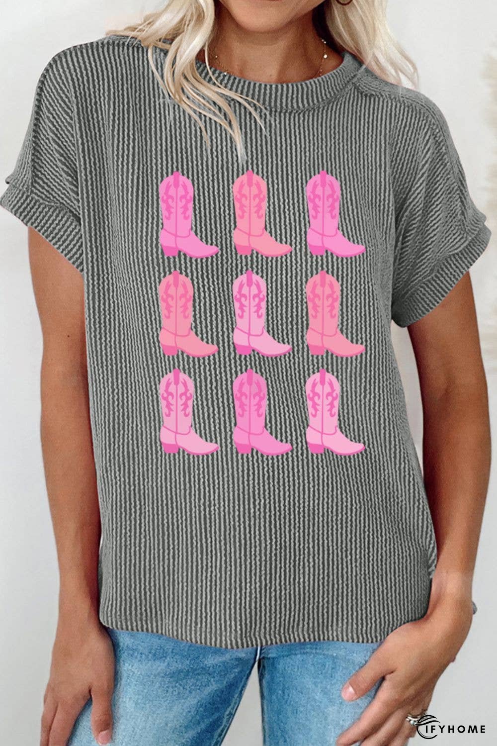Boots Graphic Striped Round Neck Short Sleeve T-Shirt | IFYHOME