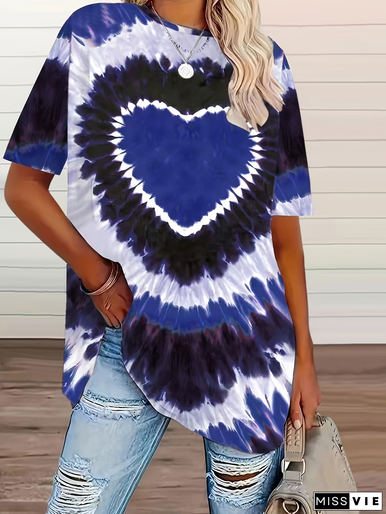 [Elegant Tie-Dye Tee] Elegant Plus Size Women's Tie-Dye T-Shirt | Casual Short Sleeve Round Neck Top, Machine Washable Spring Summer Blouse in Blue, Orange, Black & White, Relaxed Fit Tee, Tiedye Style, Nontransparent Fabric