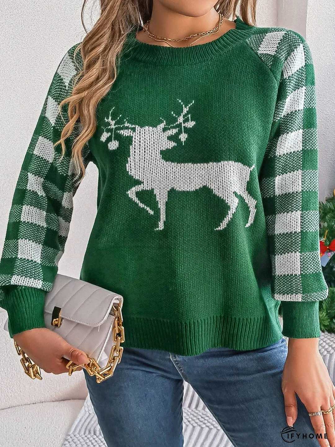 Reindeer Plaid Round Neck Long Sleeve Sweater | IFYHOME