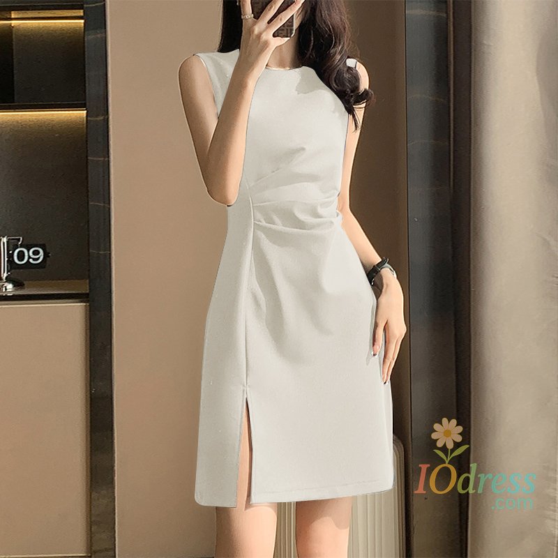 IO Dress Shop 2024 Elegant Mini Dress Summer Women Sleeveless O-neck Tank Dress Fashion Draped Short Robes Office Slit Hem Vestidos IO Dress