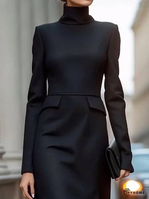 Long Sleeves Skinny Solid Color High Neck Midi Dresses | IFYHOME