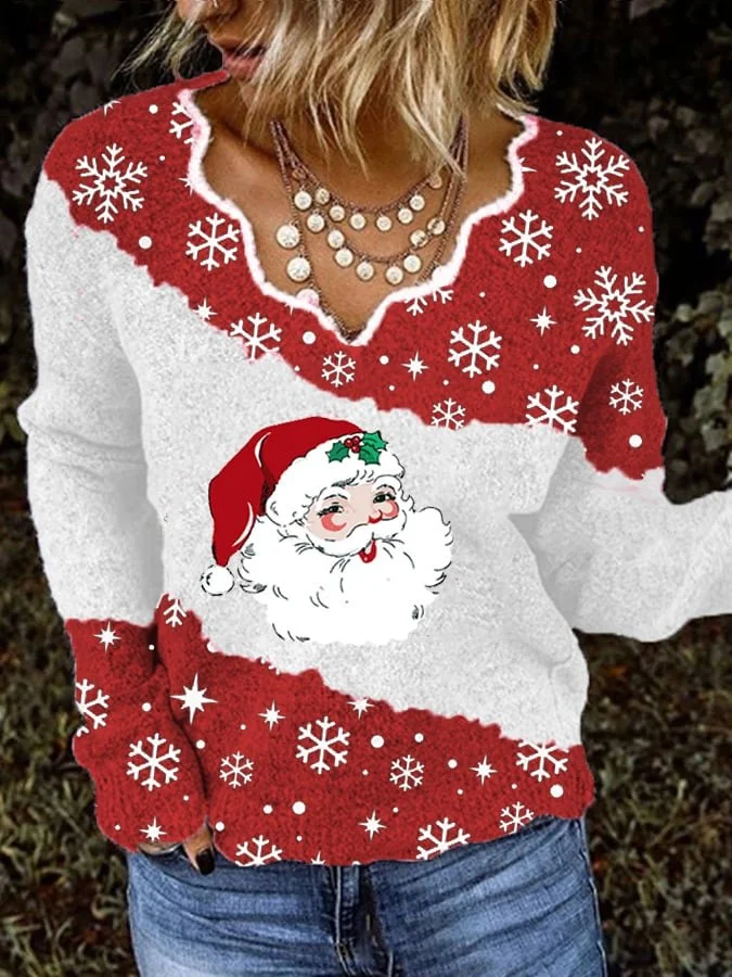 Women's Santa Print V-Neck Knit Top