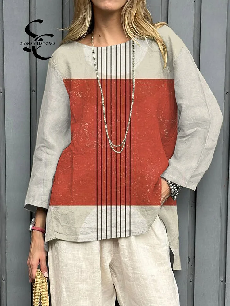 Women's  Vintage Abstract Geometry Art Print Casual Linen Round-neck  Shirt