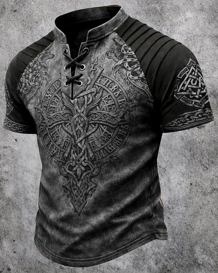 Men's Vintage Viking Celtic Knot Print Short-Sleeve Henley T-Shirt 5988