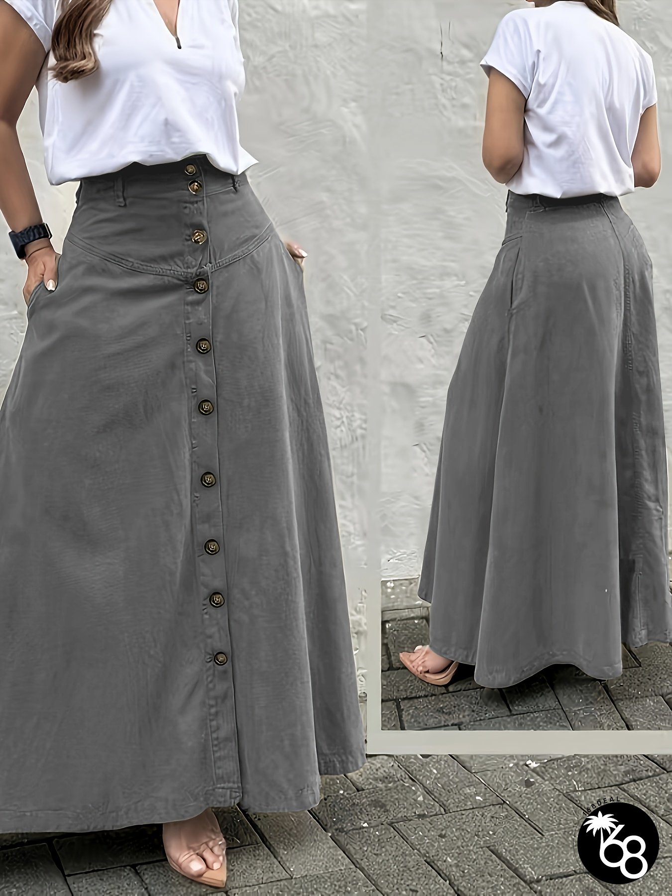 Elegant A-line Skirt Womens Solid Mid-Long with Pockets and Button Front Slit Fashionable | 168DEAL