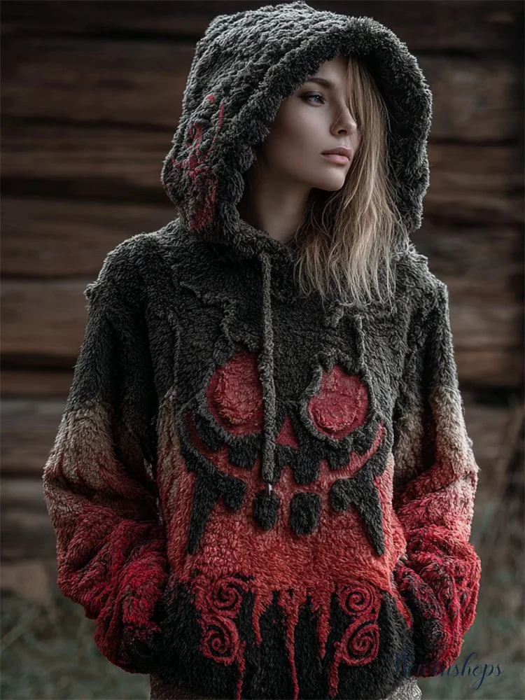 Halloween Evil Monster Distressed Gradient Fuzzy Plush Hoodie