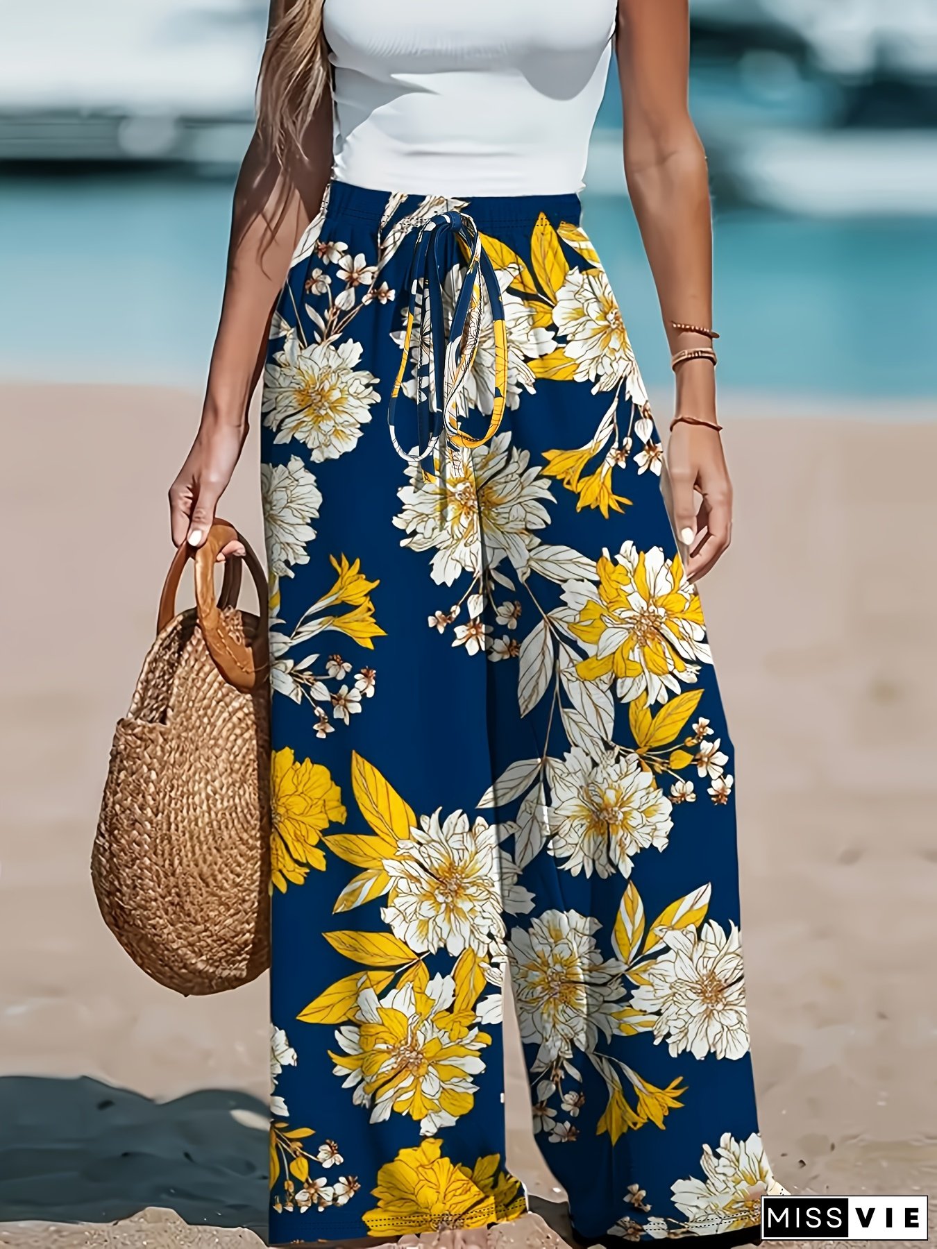Womens Tropical Floral Print Wide Leg Pants Navy Blue Yellow Loose Fit Beach Machine