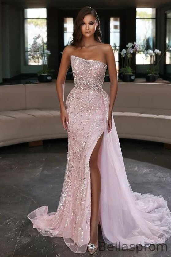 Bellasprom Pink Strapless Mermaid Prom Dress Slit Long With Beads Bellasprom