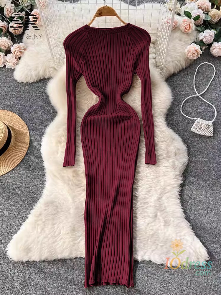IO Dress SINGREINY Winter Women Knit Maxi Dress O Neck Autumn Long Sleeve Slim Solid Harajuku Ladies Fashion Pencil Sweater Long Dresses