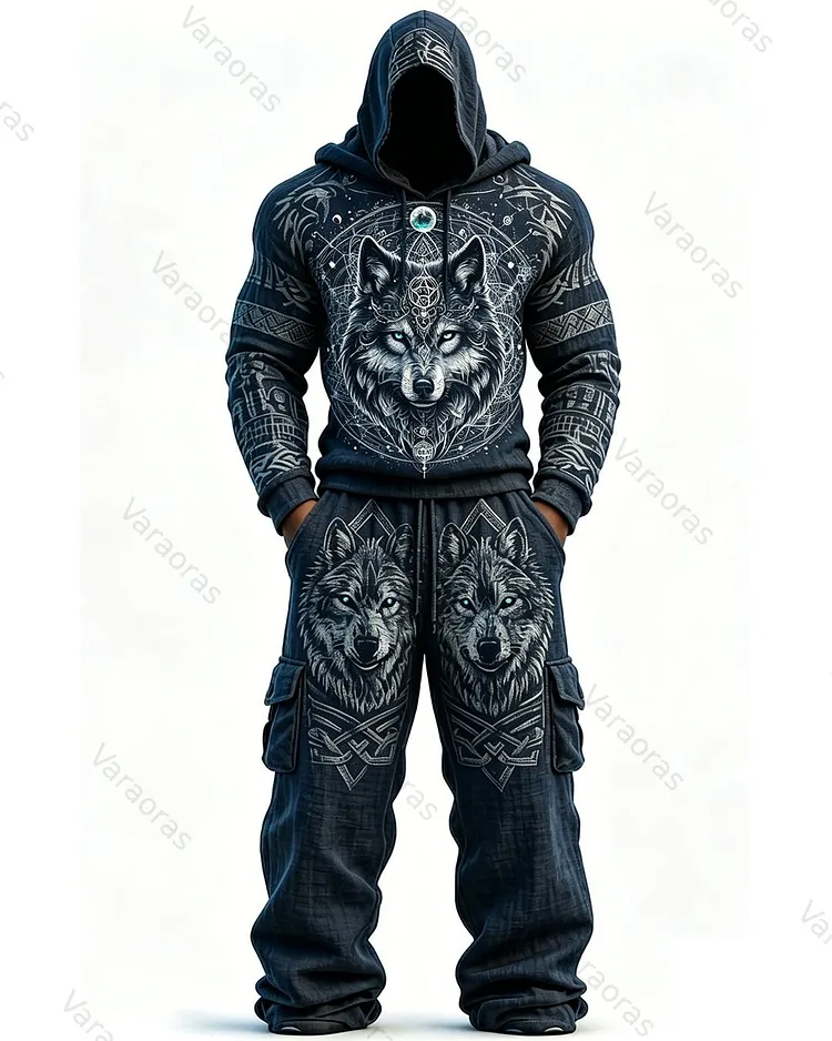 Men's Summer Fashion Viking Embroidered Short-Sleeve Hooded Top and Pants Two-Piece Set 9486