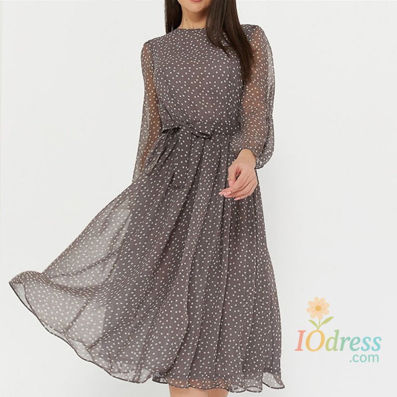 IO Dress Spring and Summer Chiffon Dress Long Sleeved Solid Color Polka Dot Dress Elegant Lantern Sleeve Round Neck High Waisted Dresses