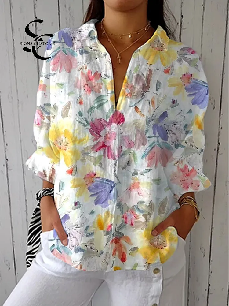 Women's  Vintage Floral Art Print Casual Linen V-neck Shirt