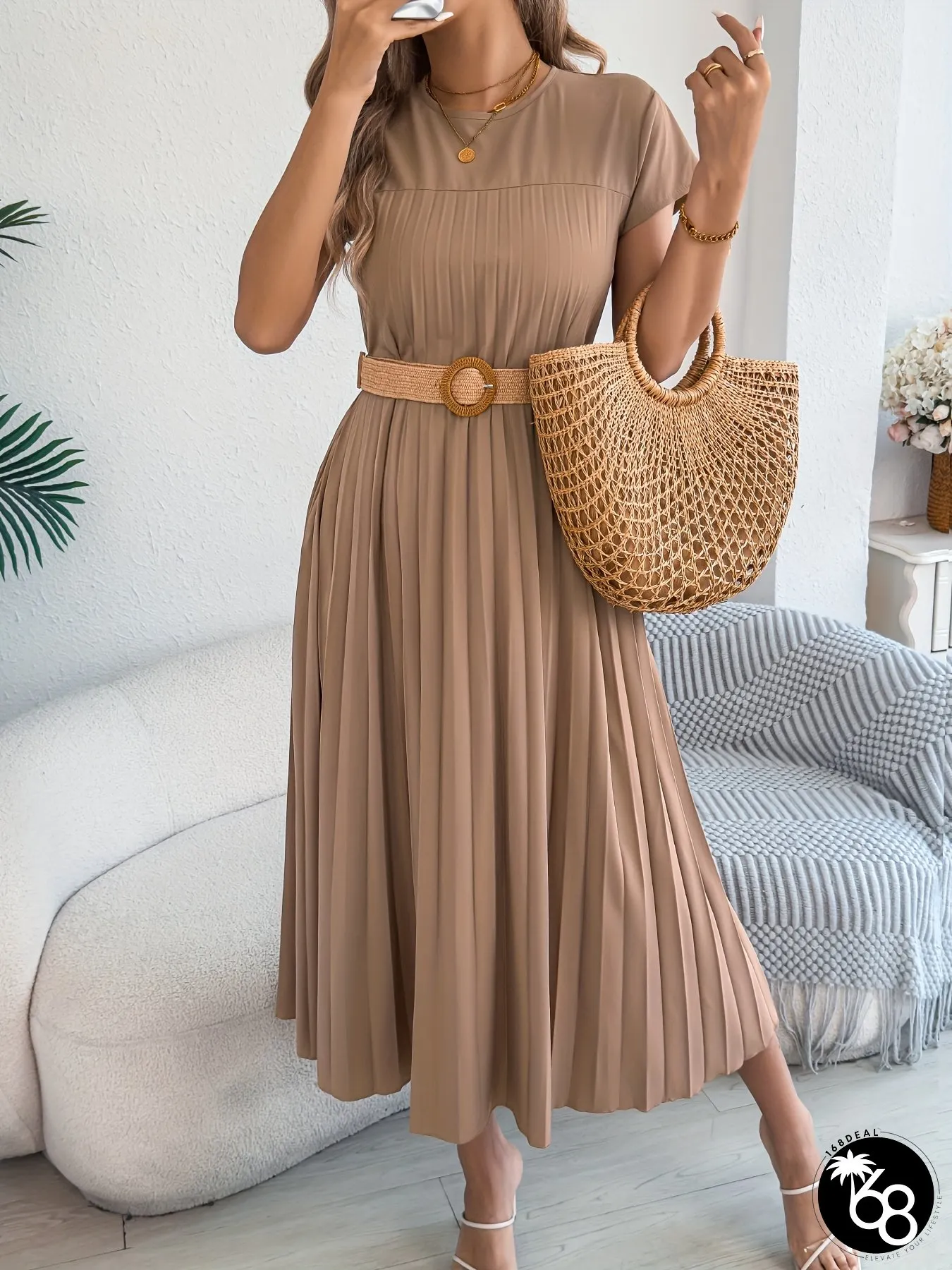 Womens Casual Pleated Maxi Dress Solid Color Black Round-neck Short Sleeve V-Neck Flowy | 168DEAL