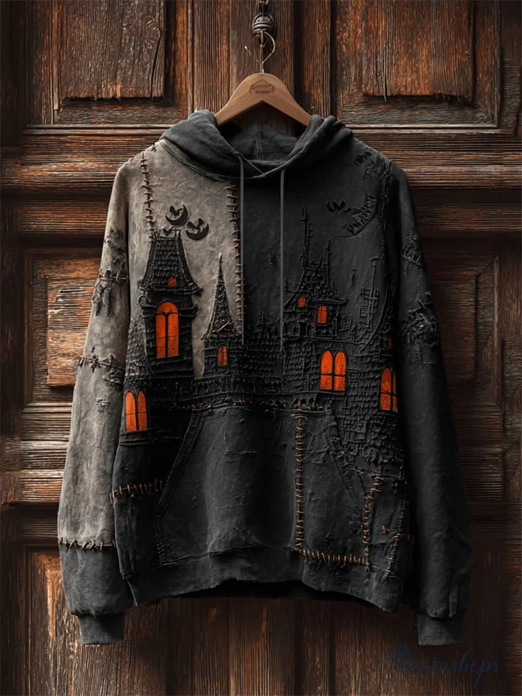 Halloween Spooky Castle Inspired Contrast Stitched Washed Hoodie