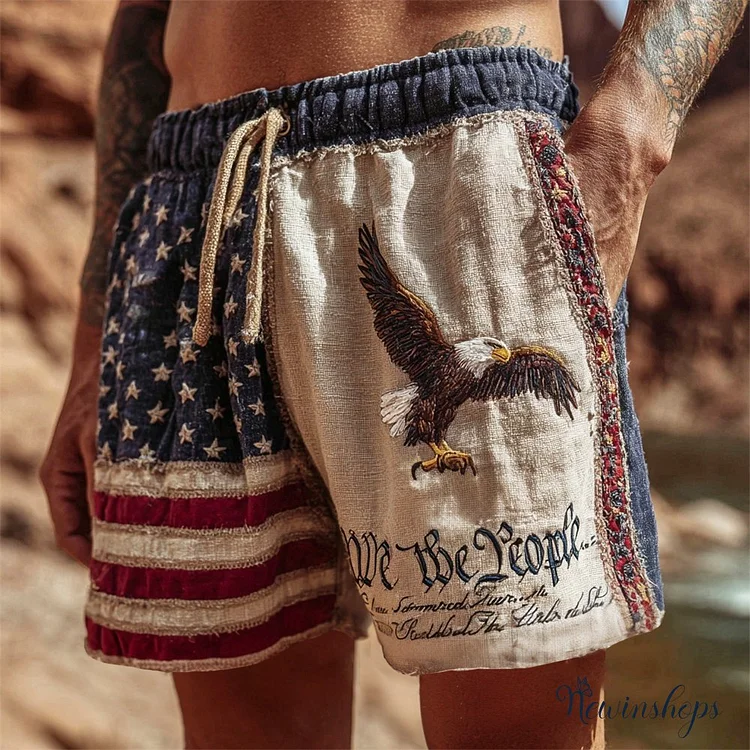 Independence Day We The People & Bald Eagle Embroidered Men's Linen Shorts