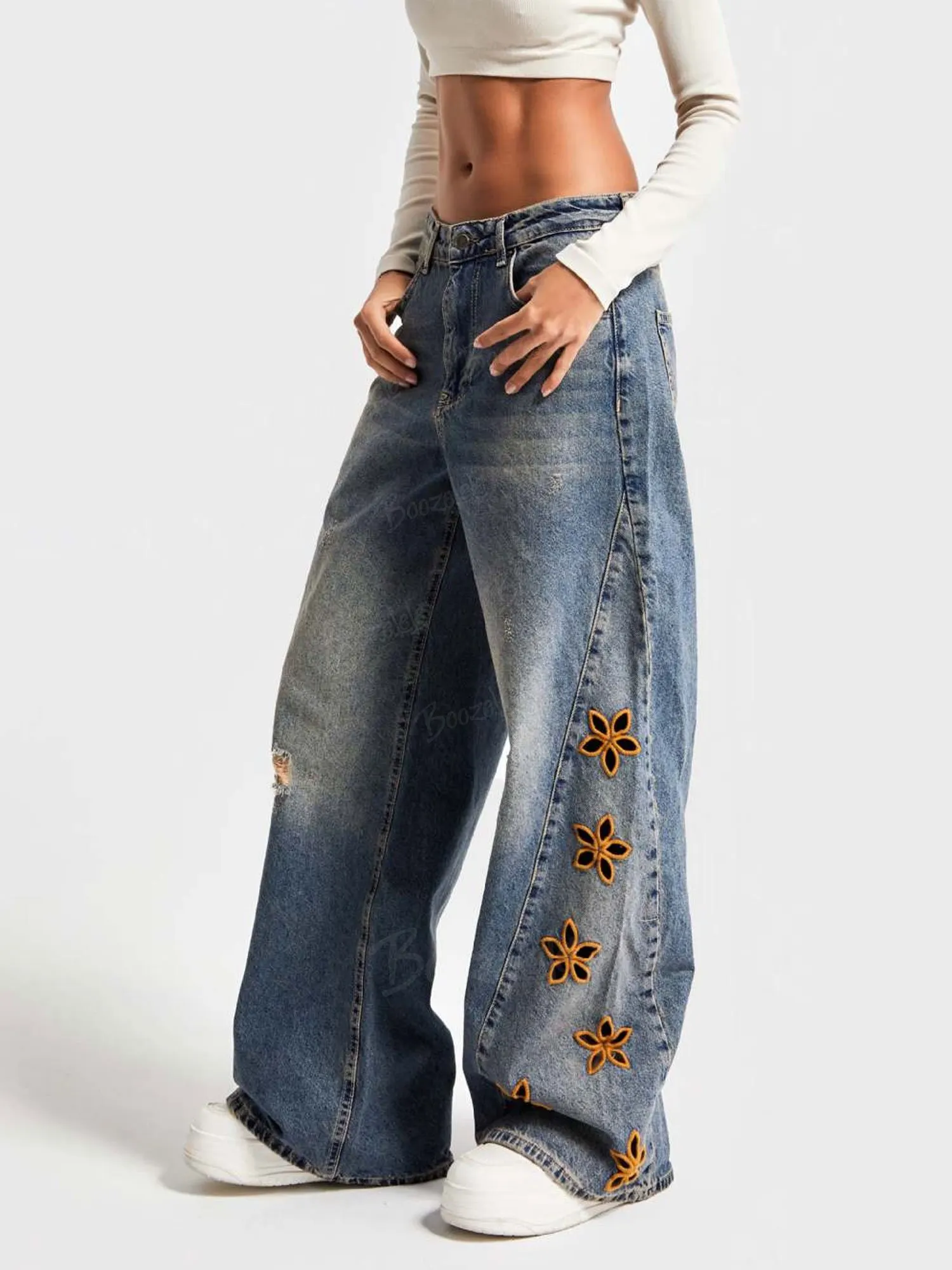 Perfect for Music Festival Vibe &mdash; Vintage Washed Blue Floral Hollow-out Embroidery Soft Cotton 2026 Spring Wide-Leg Jeans