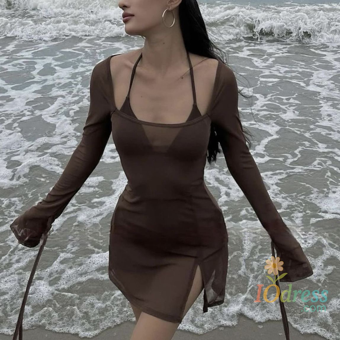 IO Dress 2024 New Sexy Hot Girl Long Sve Bikini Tee Piece Set Ele Square Collar Slit Net Wrap around Swimsuit Sport Fitn