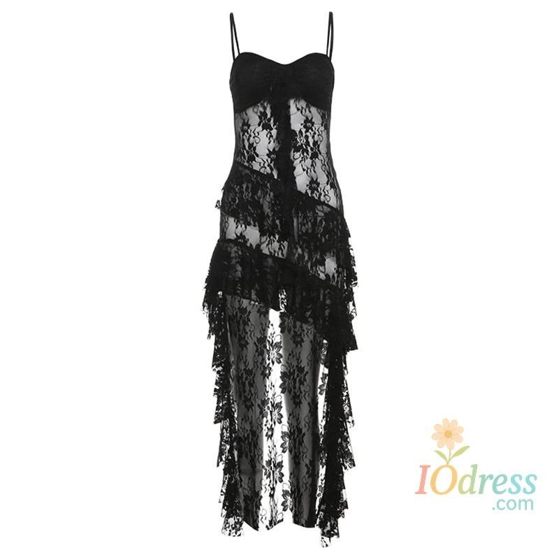 IO Dress Women Dress Sexy Patchwork Mesh Strapless Irregular Waist Ruffled Split Black Dresses 2024 Fashion Night Party Vestidos