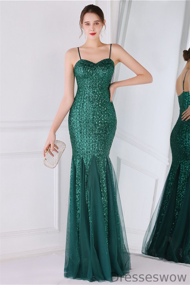 Dresseswow Spaghetti-Straps Sequins Evening Dress Mermaid Sleeveless Tulle YE0030