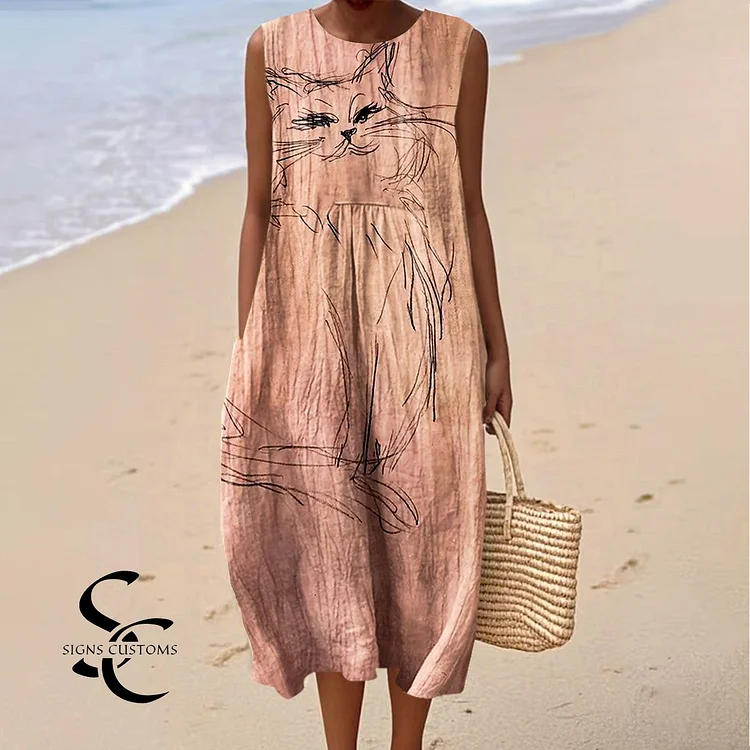 Women's Vintage Funny Abstract Cat Art Print Sleeveless Cotton Pocket Wrap Dress