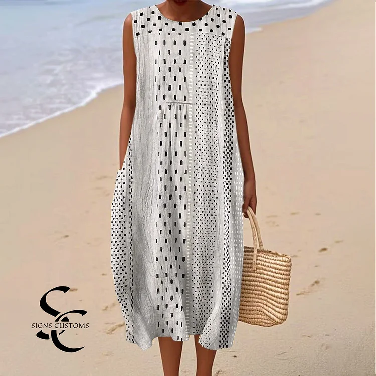 Women's Vintage Abstract Geometry Art Print Sleeveless Cotton Pocket Wrap Dress