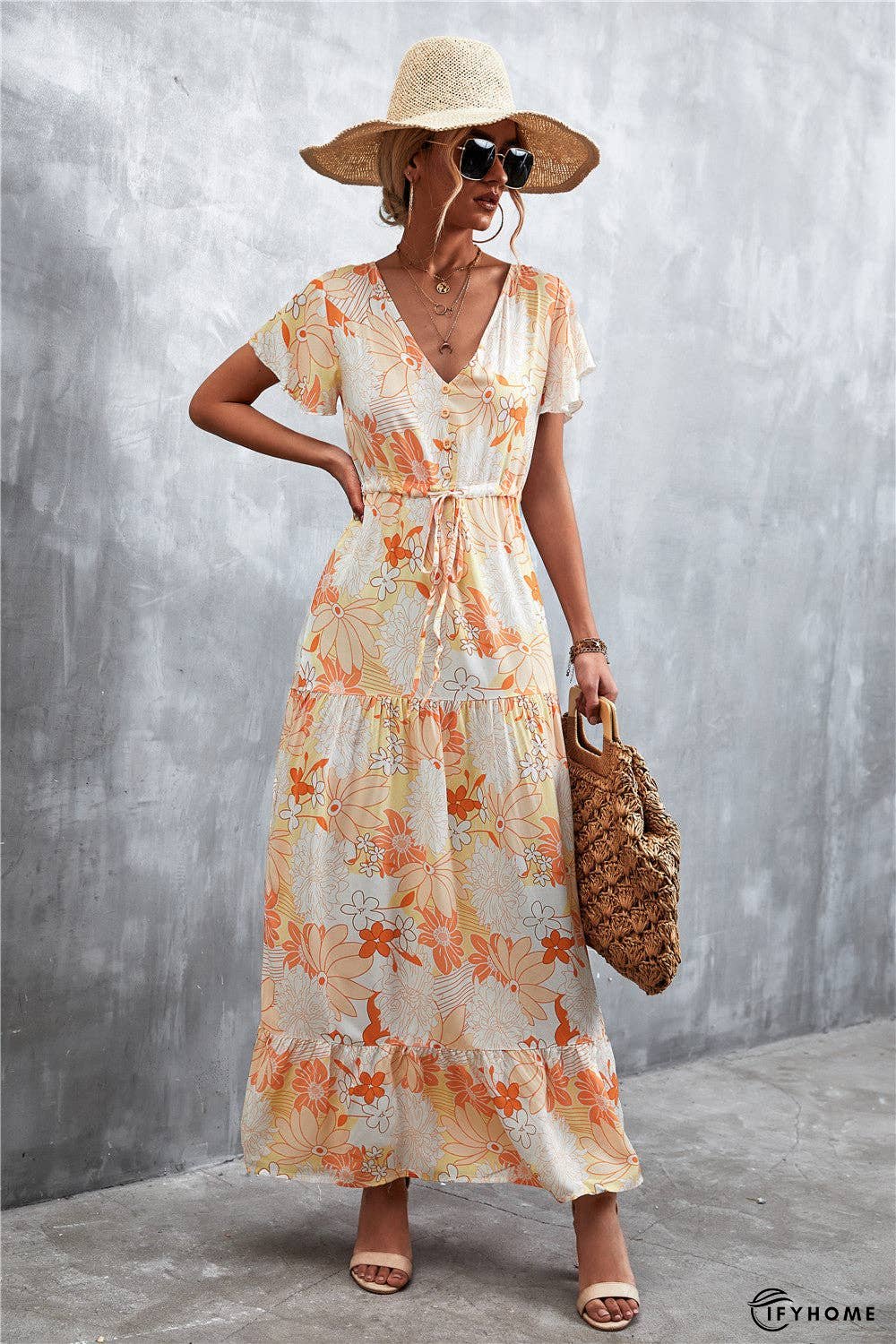 Floral Buttoned Drawstring Waist Tiered Dress | IFYHOME
