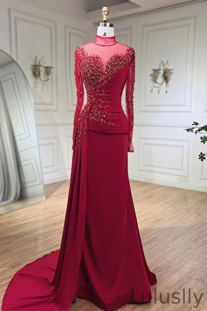 Luluslly Burgundy High Neck Mermaid Formal Prom Dresses With Beadings Appliques Ruffles Long Sleeves