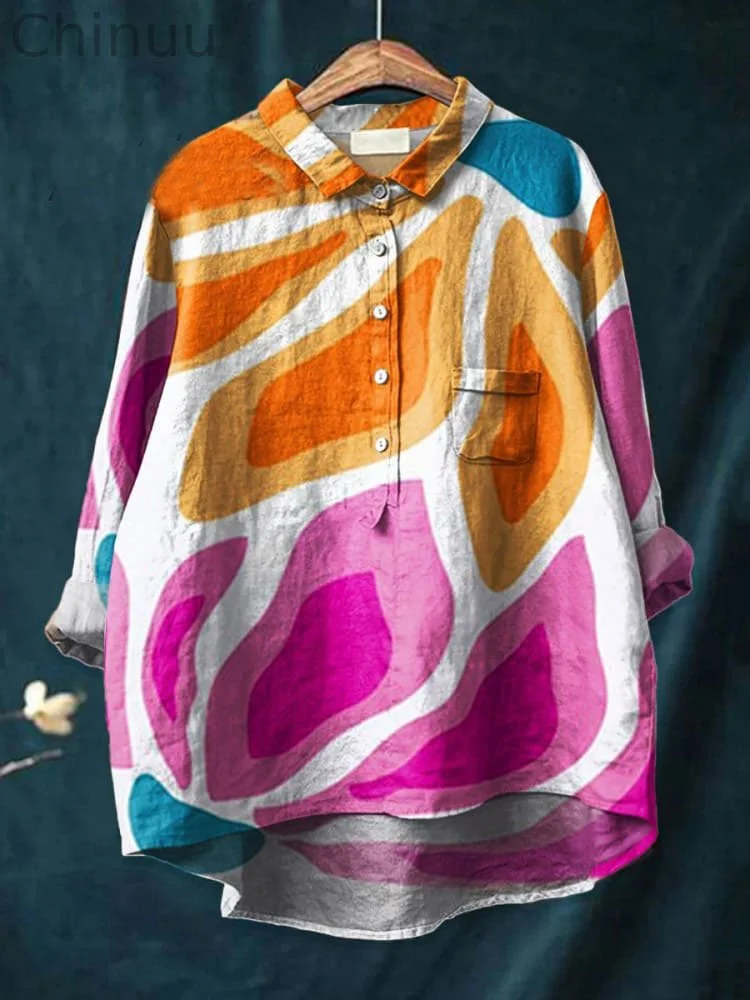 Women's Abstract Geometric  Art  Print Casual Cotton And Linen Shirt