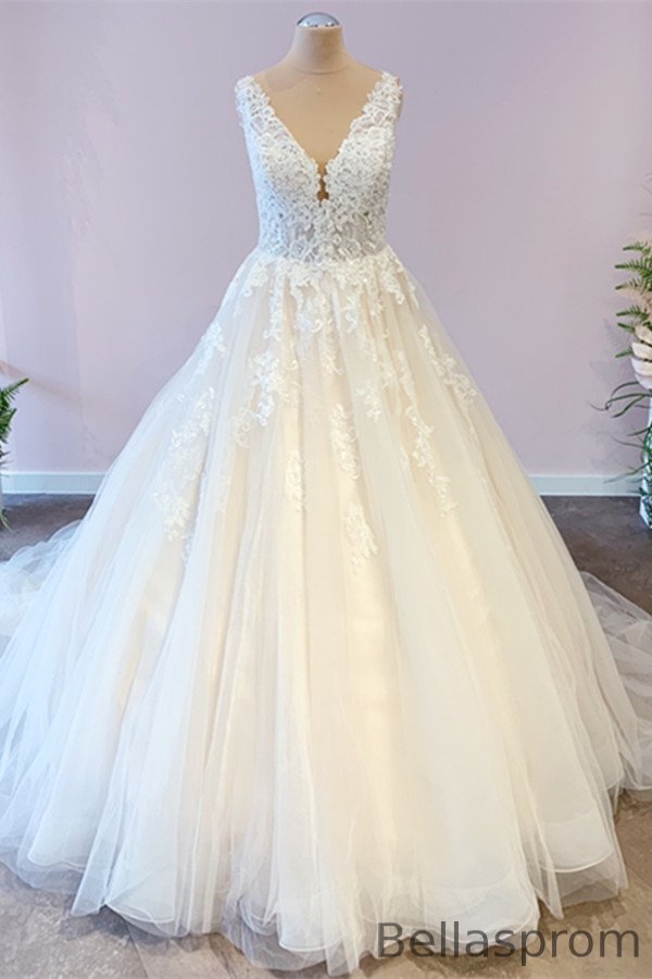 Bellasprom Tulle Wedding Dress Lace Appliques Straps Bellasprom
