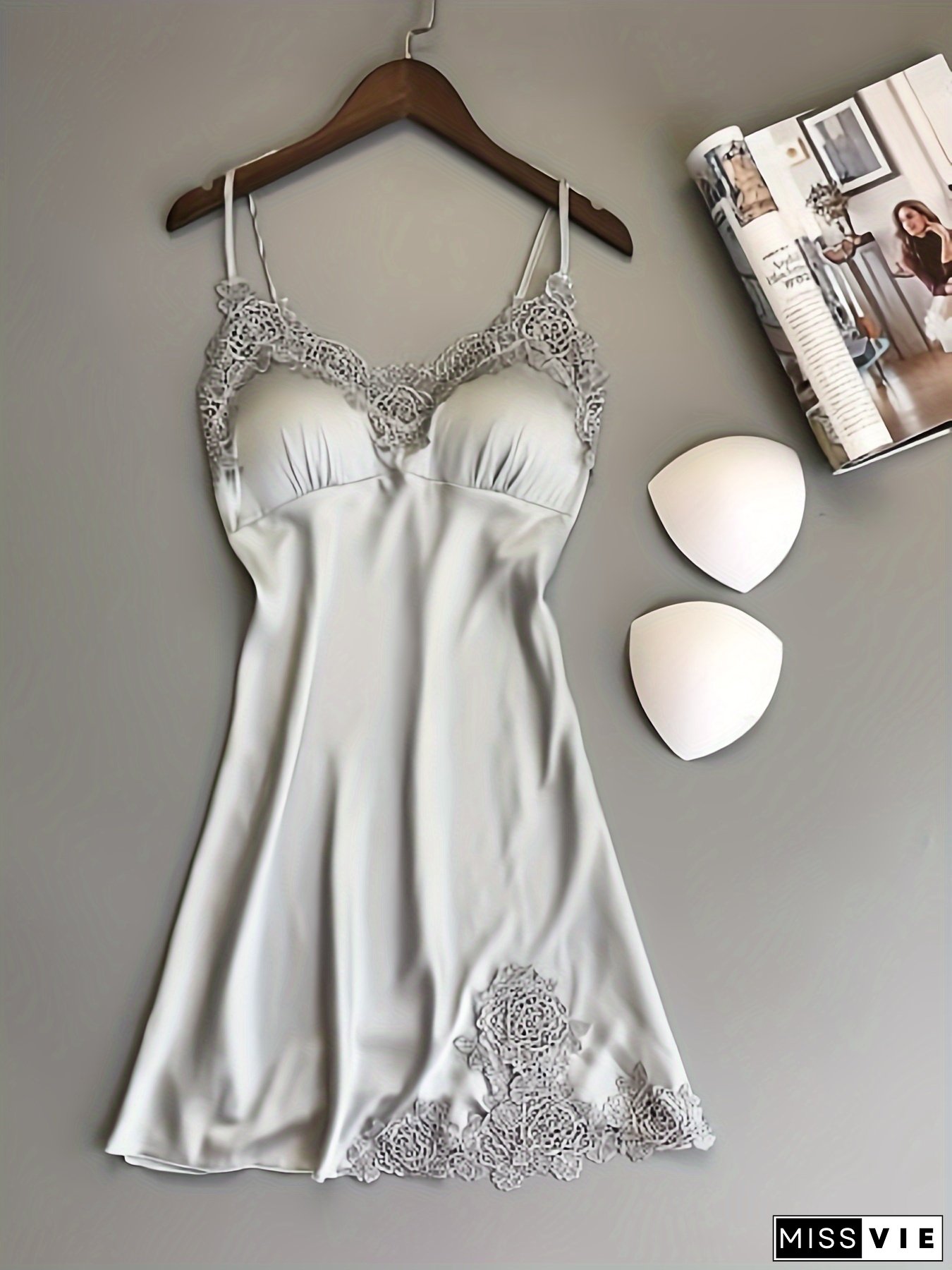 Women's Satin Sleepwear Dress Ladies Sexy Micro Babydoll Lace Sleepwear Dress V-Neck Mini Skirt