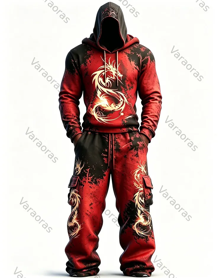 Men's Fashion Viking Contrast Color Dragon Embroidered Hoodie & Pants Two-Piece Set 2002