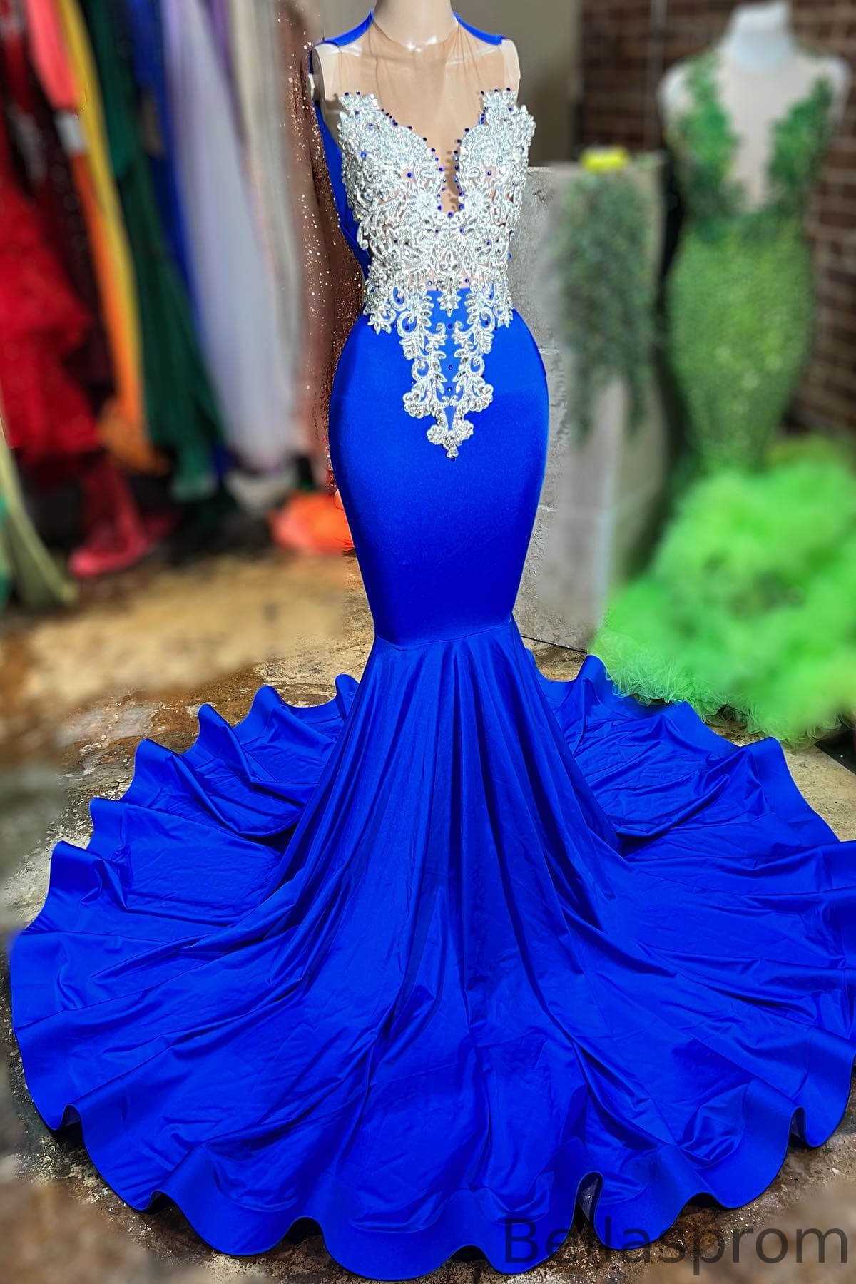 Bellasprom Royal Blue Scoop Sleeveless Mermaid Prom Dress With Beadings Online Bellasprom
