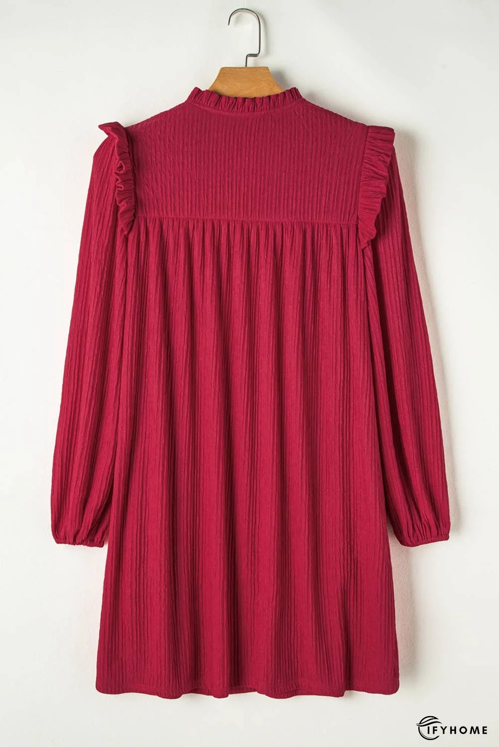 Textured Ruffled Trim V Neck Loose Fit Mini Dress | IFYHOME