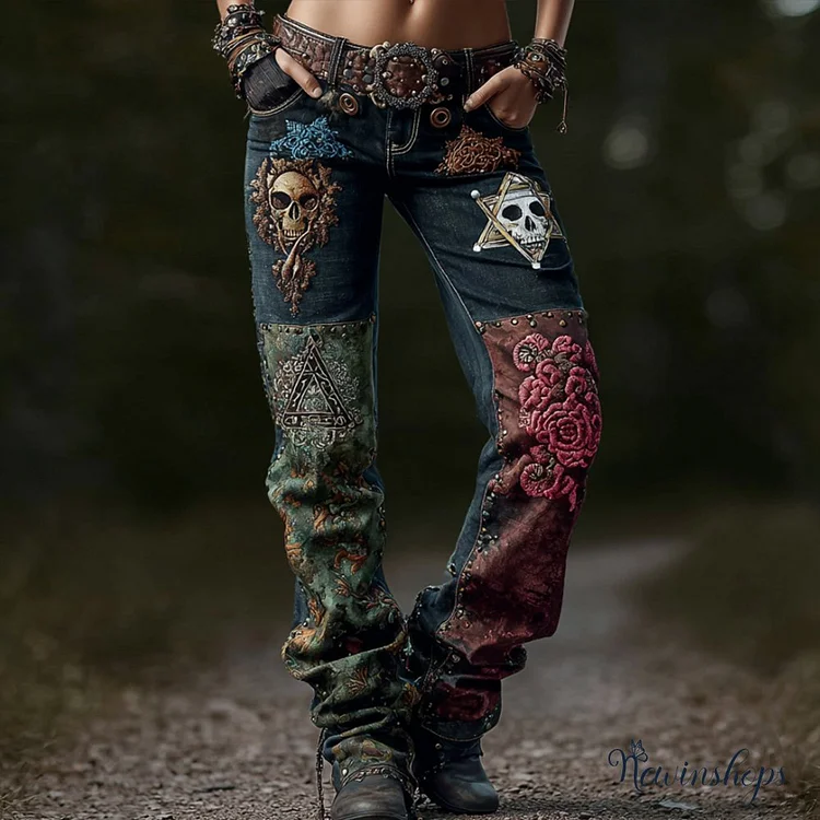 Women's Viking-style Celtic Triangle Vintage Long-sleeved Jeans