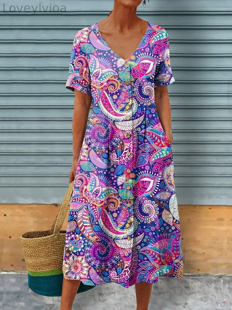 Abstract Plants And Floral Pattern Printed Women's Linen Pocket Tunic Dress