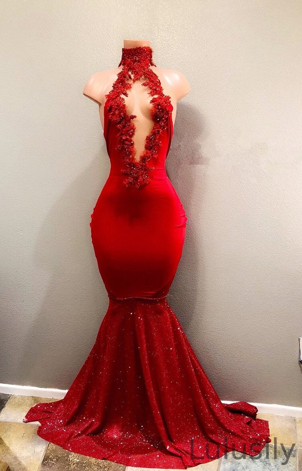 Luluslly Red High Neck Mermaid Prom Dress Sleeveless With Appliques
