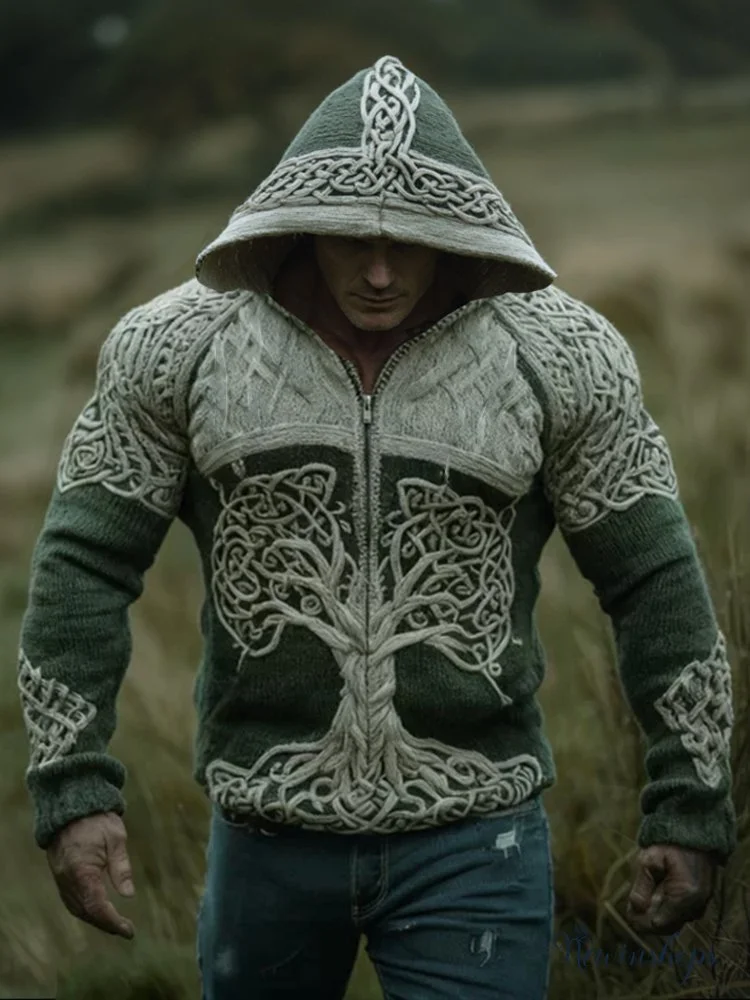 Men's Viking Style Tree Of Life Celtic Knot Retro Hooded Cardigan Sweater